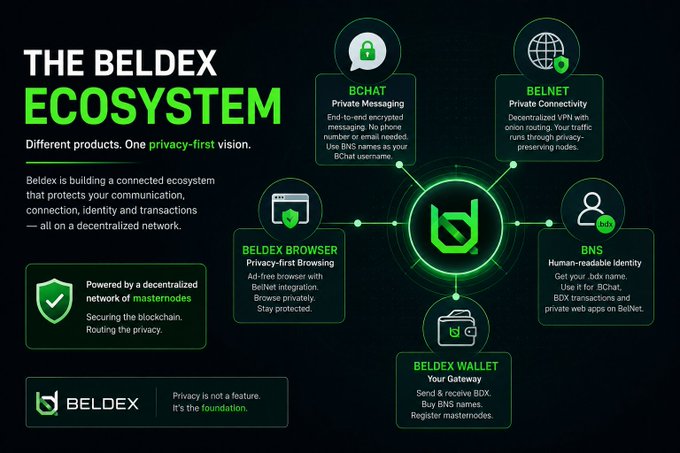 A promotional graphic for The Beldex Ecosystem, detailing its privacy-first products: BChat, BelNet, BNS, Beldex Wallet, and Beldex Browser.