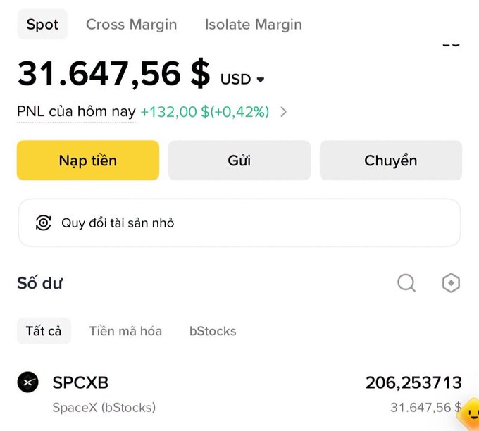 A Binance Spot trading account dashboard shows a total balance of $31,647.56 USD with a daily PNL of +$132.00 (+0.42%), featuring holdings in SPCXB (SpaceX via bStocks) at 206.253713 shares, illustrating the user's experience accessing U.S. stocks through bStocks Finance on Binance.