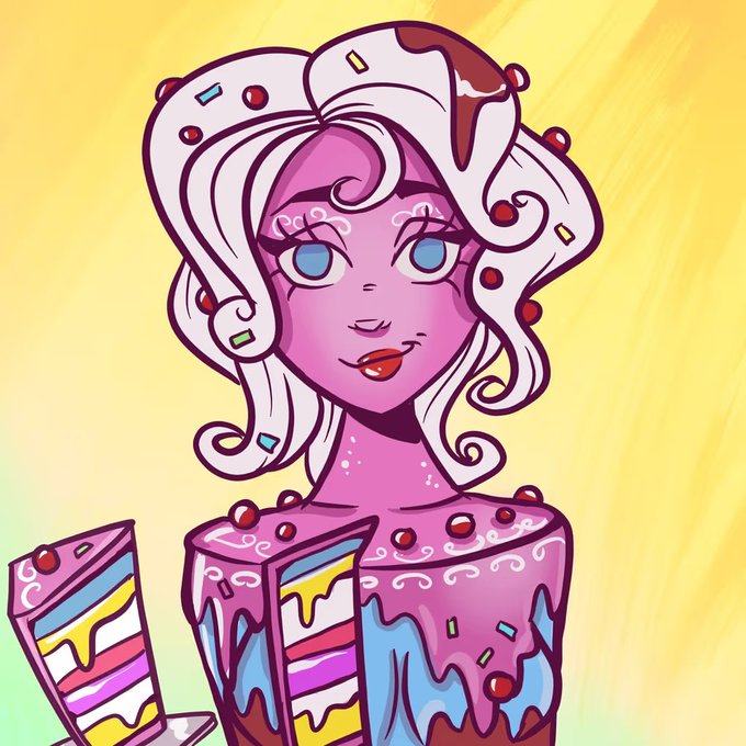 A cartoon illustration depicts a pink-skinned girl with white hair styled like frosting, featuring a cake-shaped body decorated with sprinkles, berries, and chocolate, set against a yellow background.