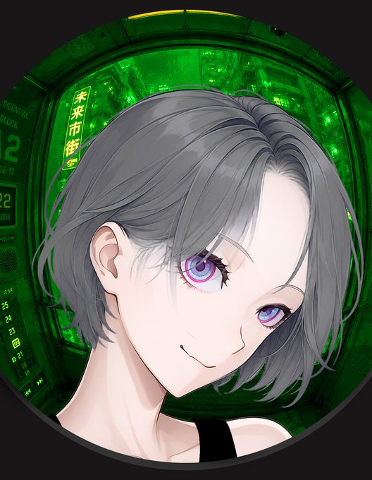 An anime-style character with silver hair and striking purple eyes smiles against a green-tinted cyberpunk cityscape backdrop, with Japanese text and digital HUD elements visible in the background. The futuristic aesthetic complements the giveaway post for a crypto/NFT mint on Robinhood Chain, likely serving as a project mascot or promotional graphic.