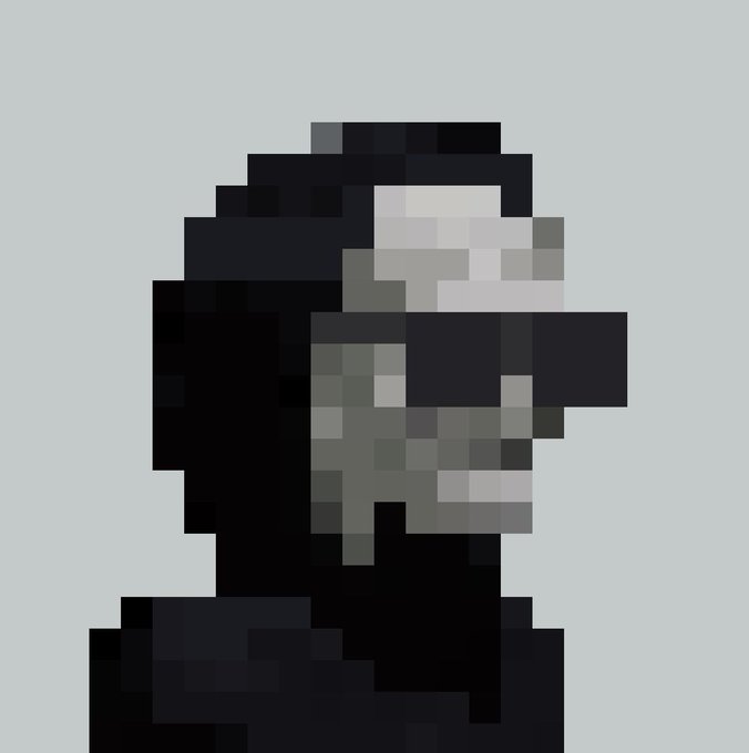A heavily pixelated, low-resolution side profile image of a dark figure with light-colored features against a pale blue background.