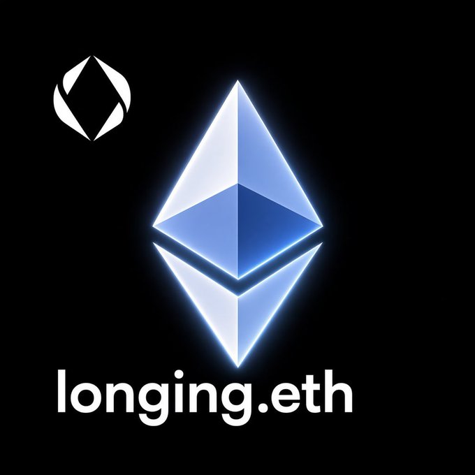 A glowing blue Ethereum logo appears on a black background alongside a smaller wallet icon and the ENS domain name 'longing.eth' in white text.
