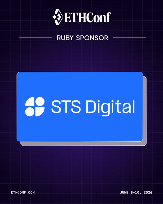 The image features an advertisement for a conference called "ETHConf" that takes place from June 8-10, 2016 at the Javits Center in New York City. The poster includes a blue square with white text that says "STS Digital". There is also a small logo of a blue square with a white dot on it. The image has a purple background and the text " ruby sponsor" is written below the logo.