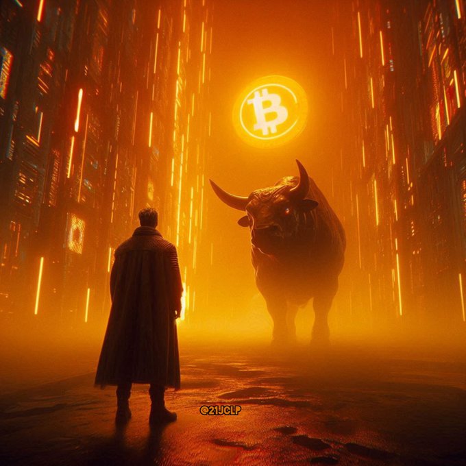 A figure in a long coat stands facing a massive bull beneath a glowing Bitcoin logo, set in a futuristic orange-lit corridor with cascading light streaks. The image evokes a bullish cryptocurrency market atmosphere.