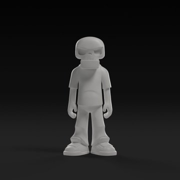 A grayscale concept rendering of a stylized designer toy figure with an oversized skull-like head and baggy pants stands against a black background, representing the early sketch stage of a collectible that will eventually be produced as a physical shelf display. The image ties directly to the post's narrative of preserving digital concept art on Bitcoin's immutable ledger before the final toy becomes a tangible display piece.