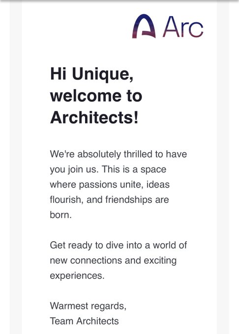 The image features an email from Arc Architects that reads "Hi unique, welcome to architects!" The email also includes a link to a website called "So fast We are entering a new era of onchain finance." This website seems to be related to the email's content and could possibly provide more information about the concept of onchain finance.