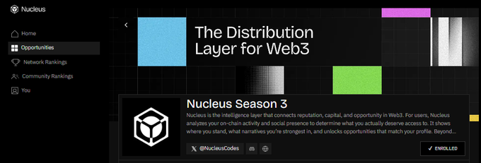 A webpage for "Nucleus" describes it as "The Distribution Layer for Web3" and features a section for "Nucleus Season 3" that has been enrolled.