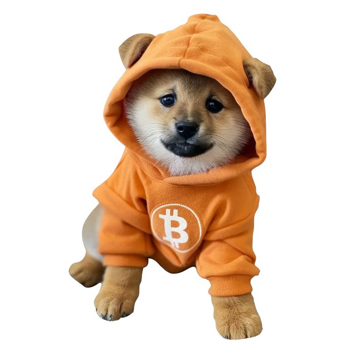 The image features a small brown dog wearing an orange hoodie with a Bitcoin symbol on it. The dog appears to be sitting or standing up against a white background. The caption of the image reads "In the deep correction of Bitcoin, $DOG warriors—stay unbreakable! This dip isn’t the end; it's the forge where legends are born".