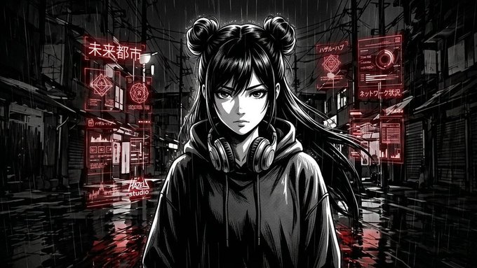 A black-and-white anime illustration of a serious young woman with headphones and space buns standing in a rainy cyberpunk street illuminated by red neon signs with Japanese characters including '未来都市'.