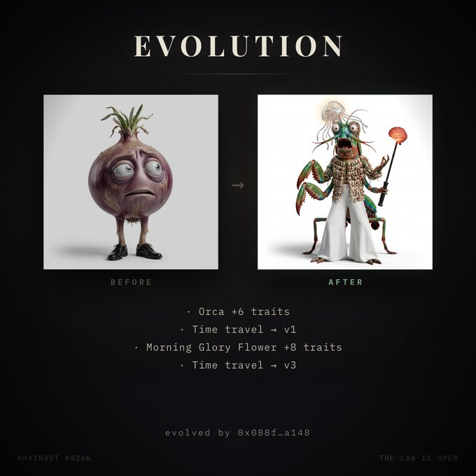 A 'BRAINROT #5266' evolution graphic showing a purple onion-like character with sneakers ('BEFORE') transforming into a fantastical creature with a beach ball ('AFTER'), crediting evolution by '0x088f...a148' under 'THE LAB IS OPEN'.