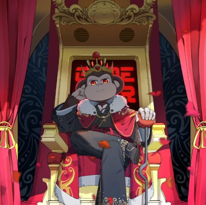 A cartoon monkey wearing a crown and royal robes sitting on an ornate throne, with red Chinese characters '王之王' (King of Kings) in the background.