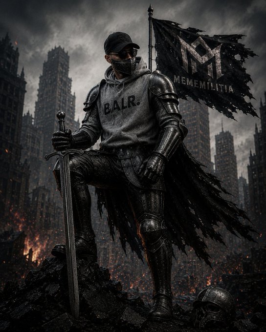 A dark fantasy image features a knight in black armor wearing a gray hoodie with 'BALR.' printed on it, holding a sword and a tattered black flag that reads 'MEMEMILITIA', standing over a ruined cityscape.
