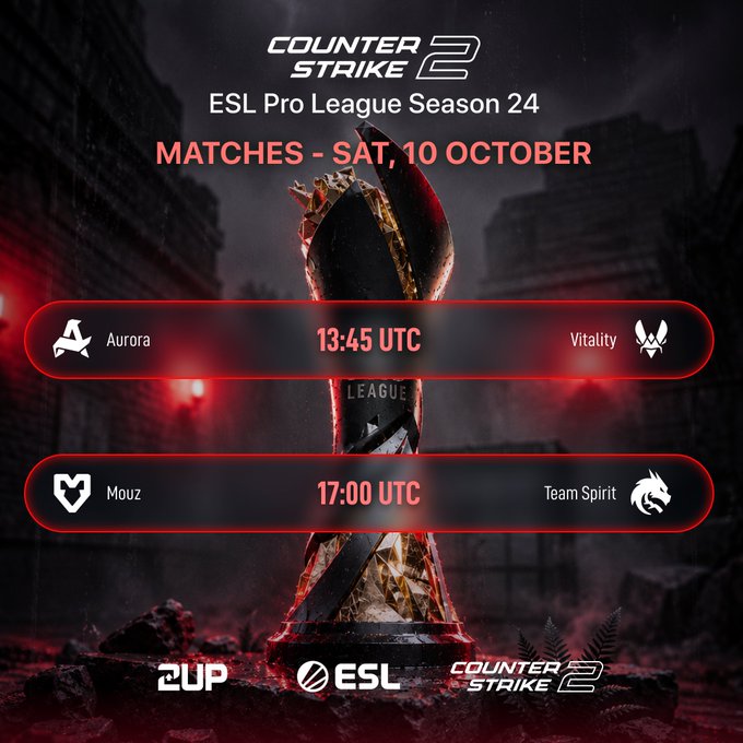 Promotional graphic for ESL Pro League Season 24 Counter-Strike 2 matches on Saturday, October 10, featuring Aurora vs Vitality at 13:45 UTC and Mouz vs Team Spirit at 17:00 UTC.