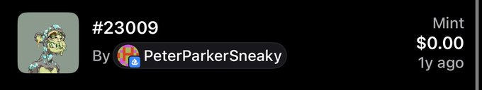 A digital collectible item listing for #23009 by PeterParkerSneaky, displayed on a dark background with a pixel art avatar, listed as Mint condition for $0.00 from 1 year ago.