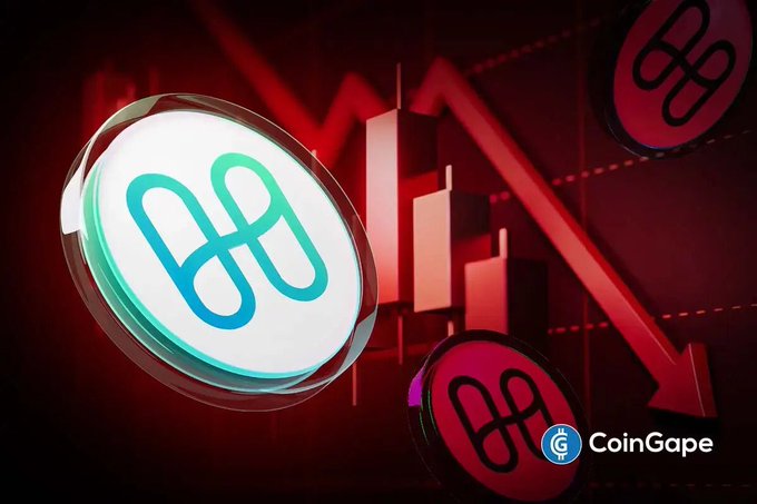 A CoinGape graphic featuring a HYPE token logo with red downward arrows in the background, indicating a price decline.