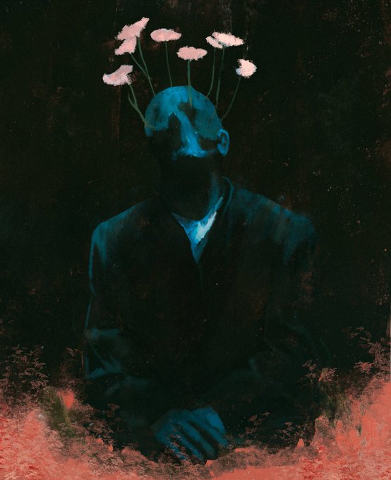 A surreal painting depicting a dark, shadowy figure in a suit whose head has dissolved into darkness, replaced by a cluster of pale pink flowers growing upward against a textured black and red background.