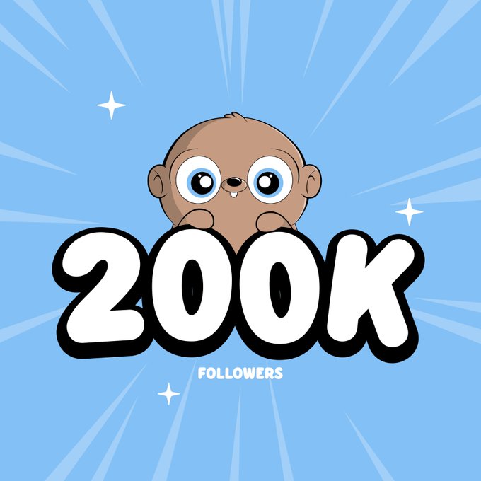 A celebratory graphic with a cartoon character peeking over the text '200K FOLLOWERS' against a blue starburst background.
