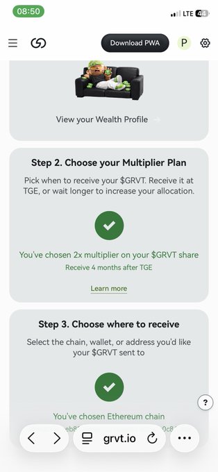 A mobile app screen shows Step 2 'Choose your Multiplier Plan' and Step 3 'Choose where to receive' for $GRVT tokens, with a 2x multiplier and Ethereum chain selected.