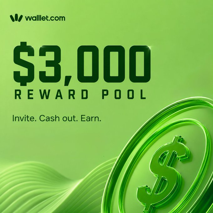 The image is a promotional graphic for wallet.com's Referral Campaign, featuring a green color scheme with a large "$3,000 REWARD POOL" displayed prominently, alongside the tagline "Invite. Cash out. Earn." and a 3D dollar coin illustration that visually reinforces the cash-out incentive mentioned in the post.