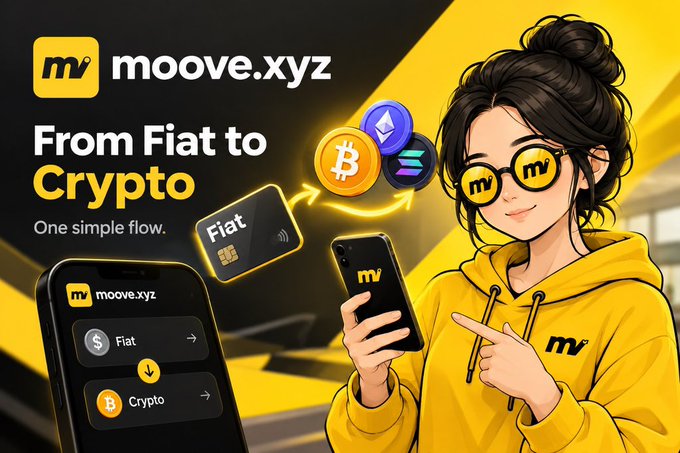A promotional graphic for 'moove.xyz' features an anime-style character in a yellow hoodie, advertising 'From Fiat to Crypto' with phone and credit card illustrations.