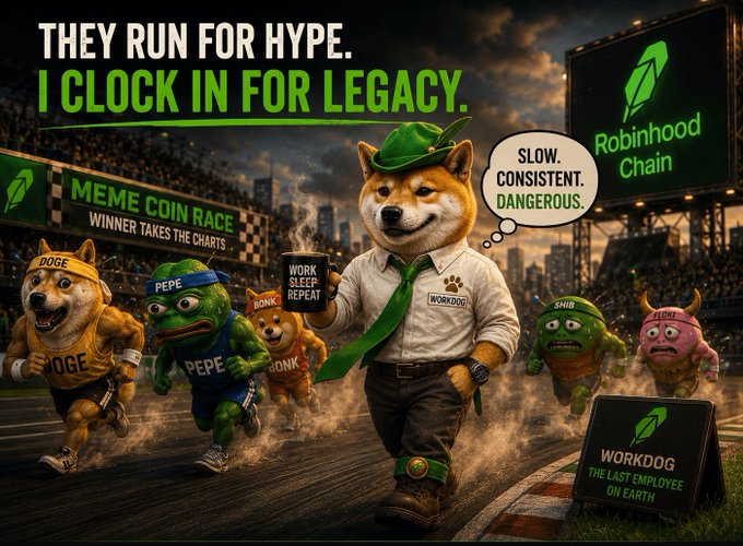 A meme coin racing advertisement features a Shiba Inu dog in work attire walking away from racing meme coin characters (DOGE, PEPE, BONK, SHIB, FLOKI) with text 'THEY RUN FOR HYPE. I CLOCK IN FOR LEGACY.' and Robinhood Chain branding.