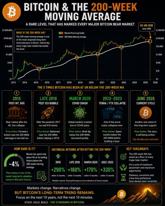 The infographic shows Bitcoin's price log scale from 2013-2025 with the 200-week moving average overlaid, highlighting five historical instances when BTC touched or fell below the 200-WMA—Post Mt. Gox (2015), Post ICO Bubble (Late 2018), COVID Crash (March 2020), Terra/FTX Collapse (2022-2023), and the current "June 2026" cycle—each followed by substantial rebounds of +290%, +160%, +170%, and +330% respectively. The image supports the post's claim by illustrating that Bitcoin has spent only ~4% of its trading history below the 200-WMA, positioning the current touch as a rare "5th greatest accumulation opportunity" in Bitcoin's history.