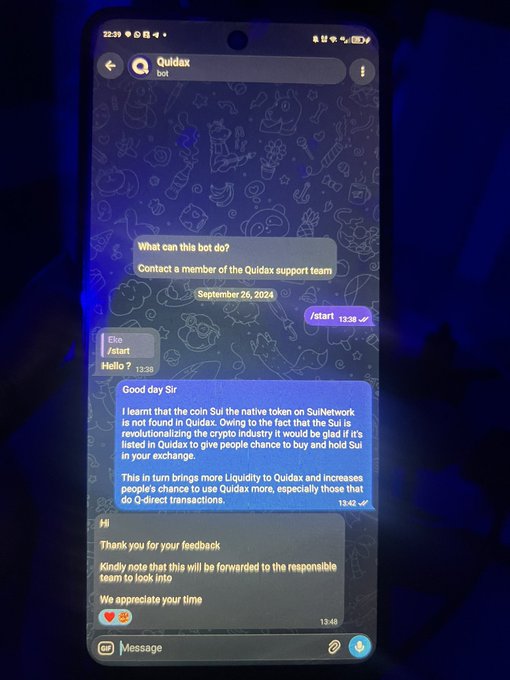 A smartphone screenshot shows a chat conversation with the Quidax bot asking about the Sui coin, and the bot explaining that Sui is not yet listed on Quidax but would benefit the platform if added.