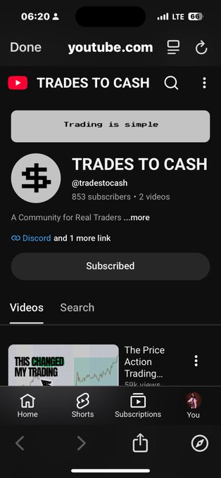 A mobile screenshot of the YouTube channel 'TRADES TO CASH' (@tradestocash), showing it has 853 subscribers and 2 videos, with the user already subscribed.