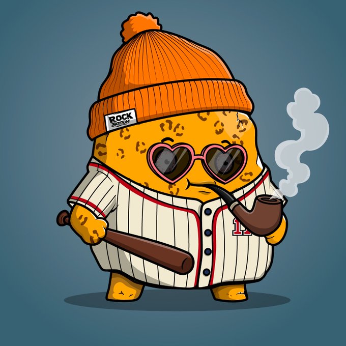 A cartoonish orange cookie character wearing an orange beanie labeled "ROCK BOTTOM," heart-shaped pink sunglasses, and a pinstriped baseball jersey with the number 11 holds a bat and a smoking pipe, matching the poster's mention of receiving a Rock Bottom NFT that fits their baseball background.
