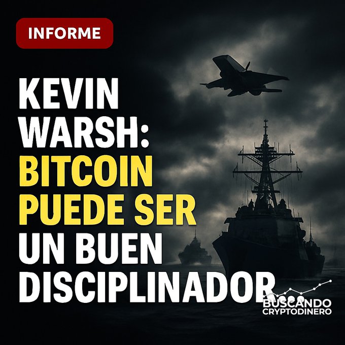 A Spanish-language report titled 'INFORME' with the headline 'KEVIN WARSH: BITCOIN PUEDE SER UN BUEN DISCIPLINADOR', displayed over a dark image of a fighter jet flying over a naval ship, with 'BUSCANDO CRYPTODINERO' logo in the corner.