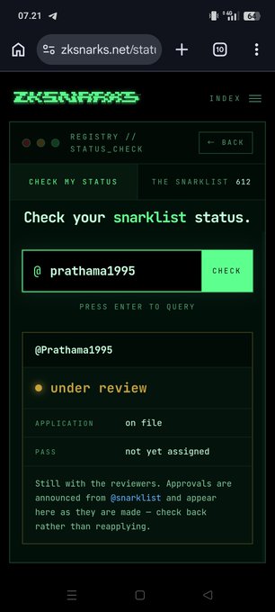 A mobile screenshot of the ZKSNARKS website shows a user checking their snarklist status for '@prathama1995', indicating the application is 'under review'.