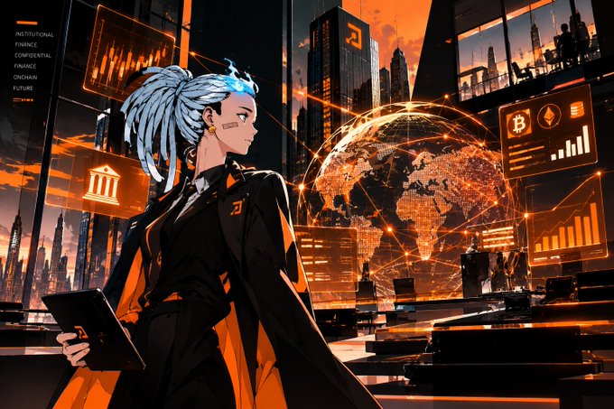 An anime-style illustration of a character with white dreadlocks in a suit holding a tablet, set against an orange-toned futuristic cityscape with holographic global financial displays and the text 'INSTITUTIONAL FINANCE CONFIDENTIAL ONCHAIN FUTURE'.