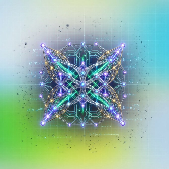 The image features an abstract design composed of multiple lines and dots arranged in a square pattern with a butterfly shape at its center. The background consists of a gradient transitioning from green to blue, creating a visually appealing contrast against the colorful design. The image also contains text that reads "Many people have been wondering what @quipnetwork really is and what it does QUIP is a two-layered infrastructure One is designed for the security of your assets The other is built for decentralized compute Because quantum computing could hack your crypto wallet, QUIP is".