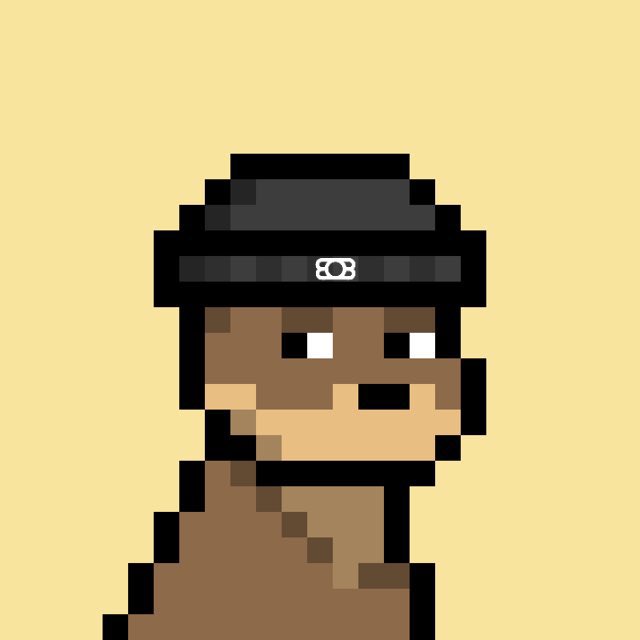 A pixel art illustration of a dog wearing a black hat with a silver emblem, resembling a Dogecoin-style "doginal" character, set against a tan background. The cartoonish dog fits the "bear market starter pack" meme by representing the Dogecoin mascot often adopted by crypto traders looking for comfort during downturns.