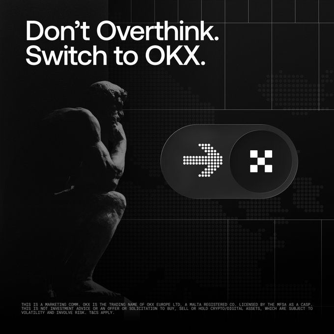 An OKX advertisement featuring Rodin's "The Thinker" statue with the bold headline "Don't Overthink. Switch to OKX." alongside a toggle switch graphic, tying into the post's message about EU users facing a practical decision to switch crypto platforms ahead of the MiCA deadline.