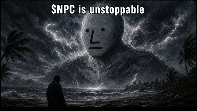 A dramatic illustration shows a colossal face-shaped entity emerging from a stormy sea under lightning, with a lone figure watching from the shore and text reading '$NPC is unstoppable'.