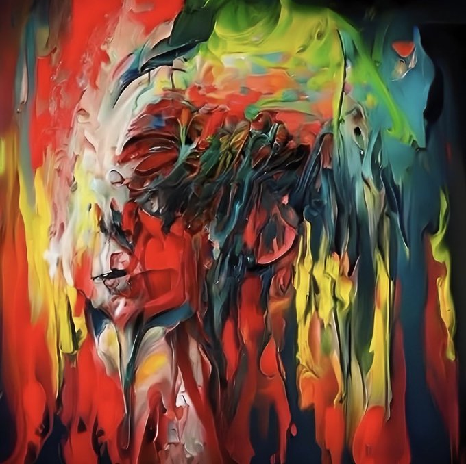 An abstract painting featuring a distorted face rendered with thick, melting brushstrokes in vibrant reds, yellows, greens, and blues.