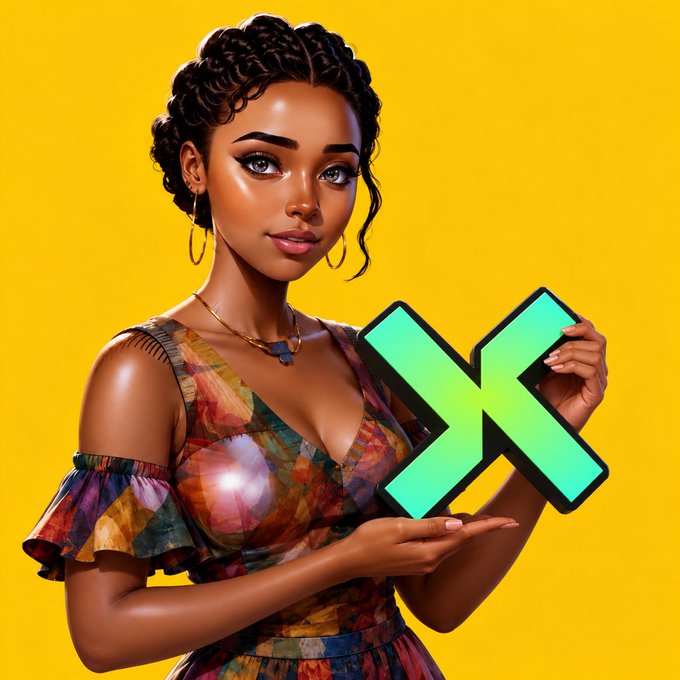 A 3D-rendered illustration of a dark-skinned woman with braided hair against a yellow background, holding a green X-shaped logo symbol while wearing a colorful patterned dress and gold jewelry.