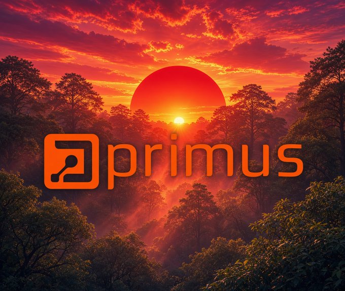 An orange 'primus' logo with a connected-node icon overlays a dramatic sunset scene with a large red sun over a forest.