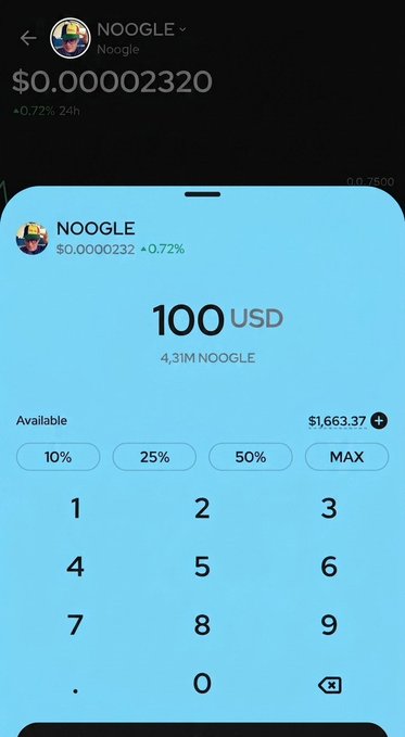 A screenshot of a mobile crypto trading app showing the token 'NOOGLE' priced at $0.00002320 (+0.72% 24h), with a purchase interface for $100 USD.