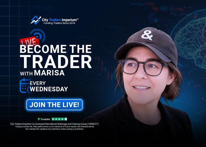 Promotional graphic for City Traders Imperium advertising a live stream titled "BECOME THE TRADER WITH MARISA" every Wednesday, featuring a woman in a black cap and glasses with a "JOIN THE LIVE!" button.