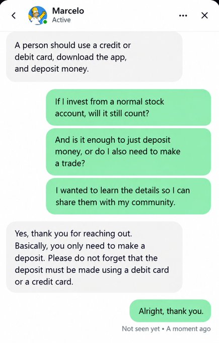A screenshot of a chat with "Marcelo" discussing investment procedures, where Marcelo clarifies that making a deposit via debit or credit card is the only requirement.