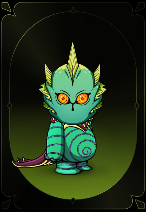 A cartoon-style illustration of a teal, dragon-like creature with yellow spiky crests, orange eyes, and a spiral pattern on its body, displayed against a dark background with decorative borders.