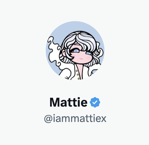 A social media profile for 'Mattie' (@iammattiex) featuring an anime-style avatar with white hair and a puzzle piece design.