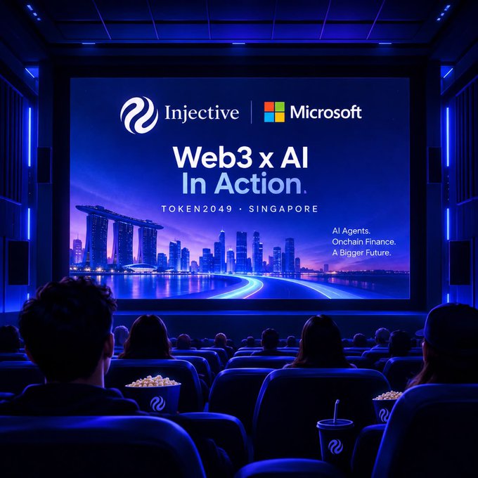 A promotional image for "Injective | Microsoft" event titled "Web3 x AI In Action," held at TOKEN2049 in Singapore, featuring an audience in a theater and the tagline "AI Agents. Onchain Finance. A Bigger Future."