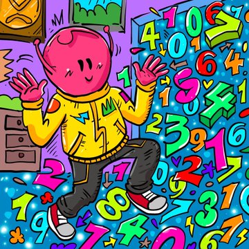 A colorful cartoon of a pink alien-like character in a yellow jacket surrounded by a vibrant explosion of multicolored numbers and digits.