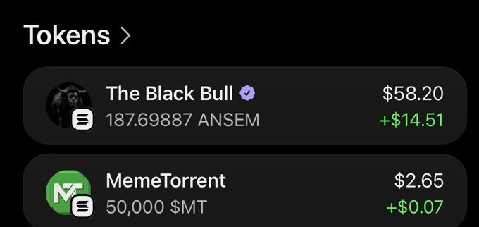 The image displays a token portfolio showing "The Black Bull" (ANSEM) at $58.20 with 187.69887 ANSEM held and a gain of +$14.51, along with "MemeTorrent" ($MT) at $2.65 with 50,000 $MT and a gain of +$0.07. It appears to show someone's holdings of the $ANSEM token, likely in response to the post teasing about selling based on advice from "nuel from oshodi."