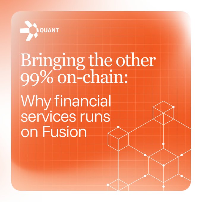 The image features an orange-hued square against a white background, giving it a visually striking contrast. In this square, there are four white blocks arranged in two rows of two. A bold text at the bottom reads "Why financial services run on Fusion" and is written in black, with additional details about the project. The text also mentions that QuantFusion was built for the first 1% of finance, which implies it is designed specifically to cater to a niche part of the financial industry or service sectors.