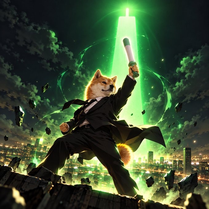 A Shiba Inu dog in a sleek black suit triumphantly raises a glowing green baton toward the sky above a dramatic, city-lit horizon—channeling superhero energy to match the post's bold claim of $baton being a powerhouse memecoin ready to surge toward $100M despite market dumps.