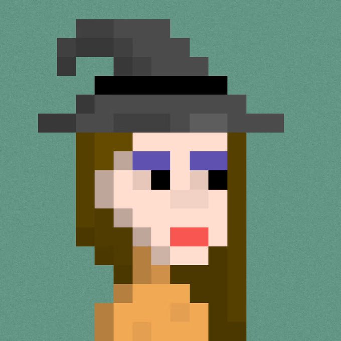 A pixel art portrait of a witch with a black hat, purple eyeshadow, and red lips set against a teal background.